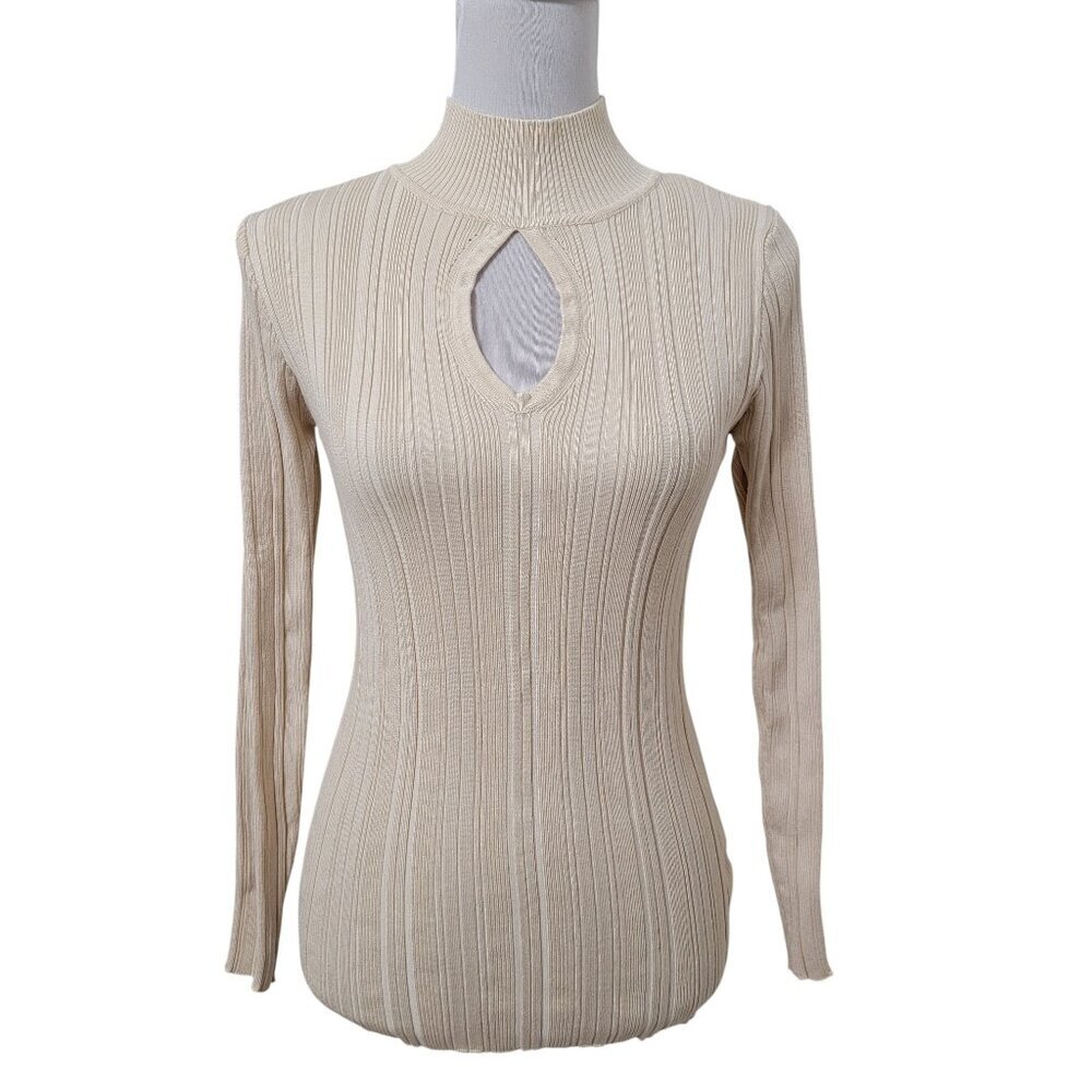 Pink Lily Size XS Creamy Tan Ribbed Mock Neck Front Keyhole Long Sleeve Knit Top